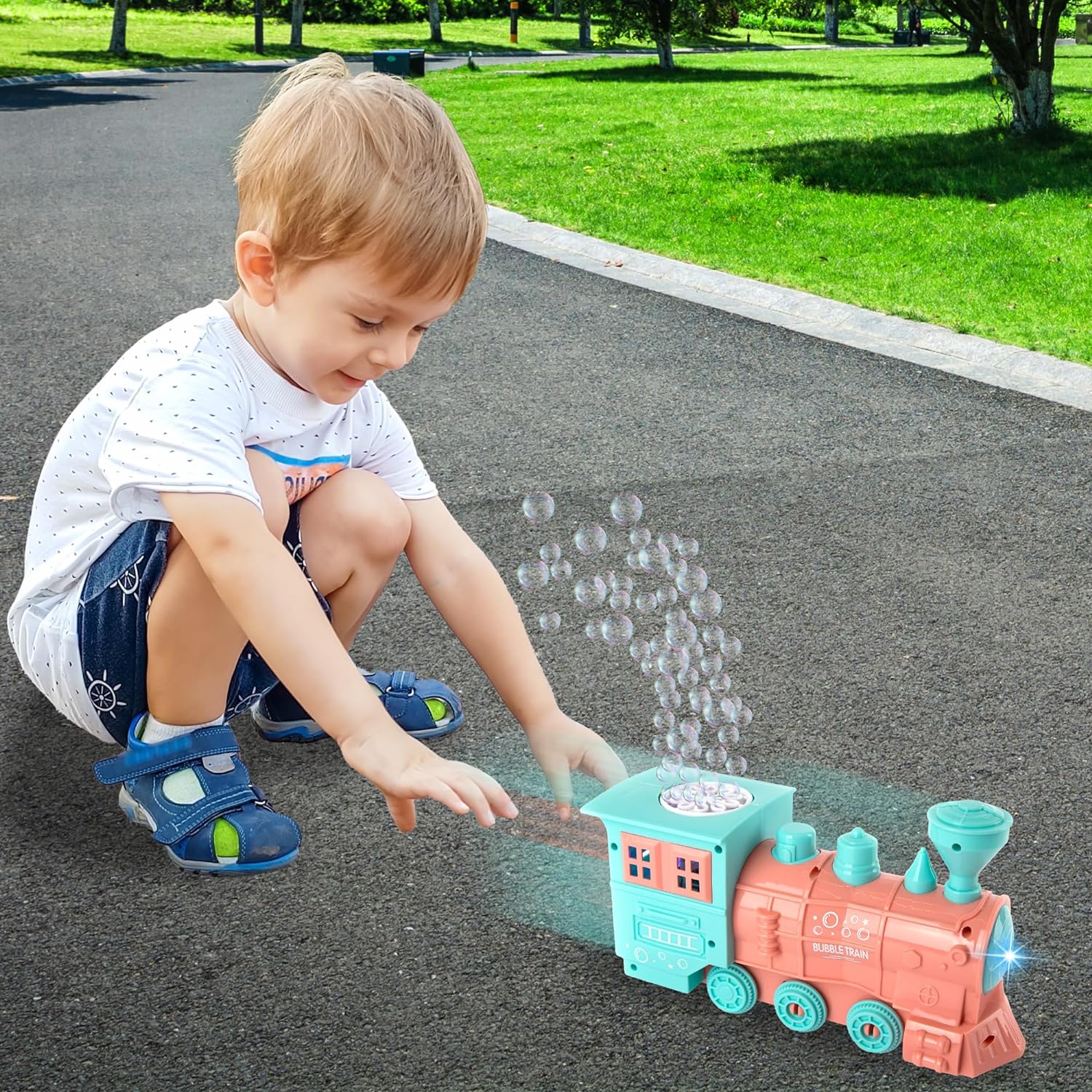 ArtCreativity Bubble Blowing Toy Train with Lights, Includes 2 Bottles Bubble Solution, Friction Powered LED Toy Train for Boys & Girls