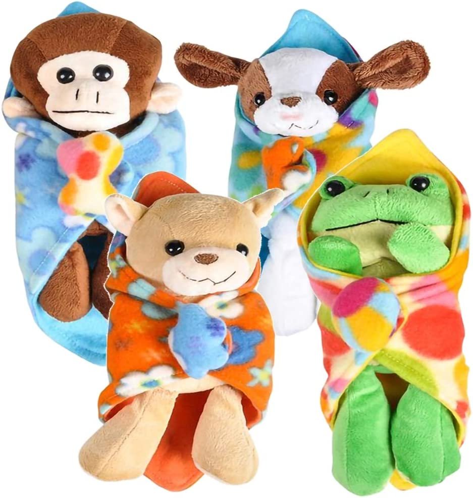 Plush Baby Animal Toys with Cozy Blankets, Set of 4, Dog, Frog, Monkey, and Teddy Bear Stuffed Animals for Kids, Cute Girls’ and Boys’ Nursery Décor, Fun Gifts and Party Favors
