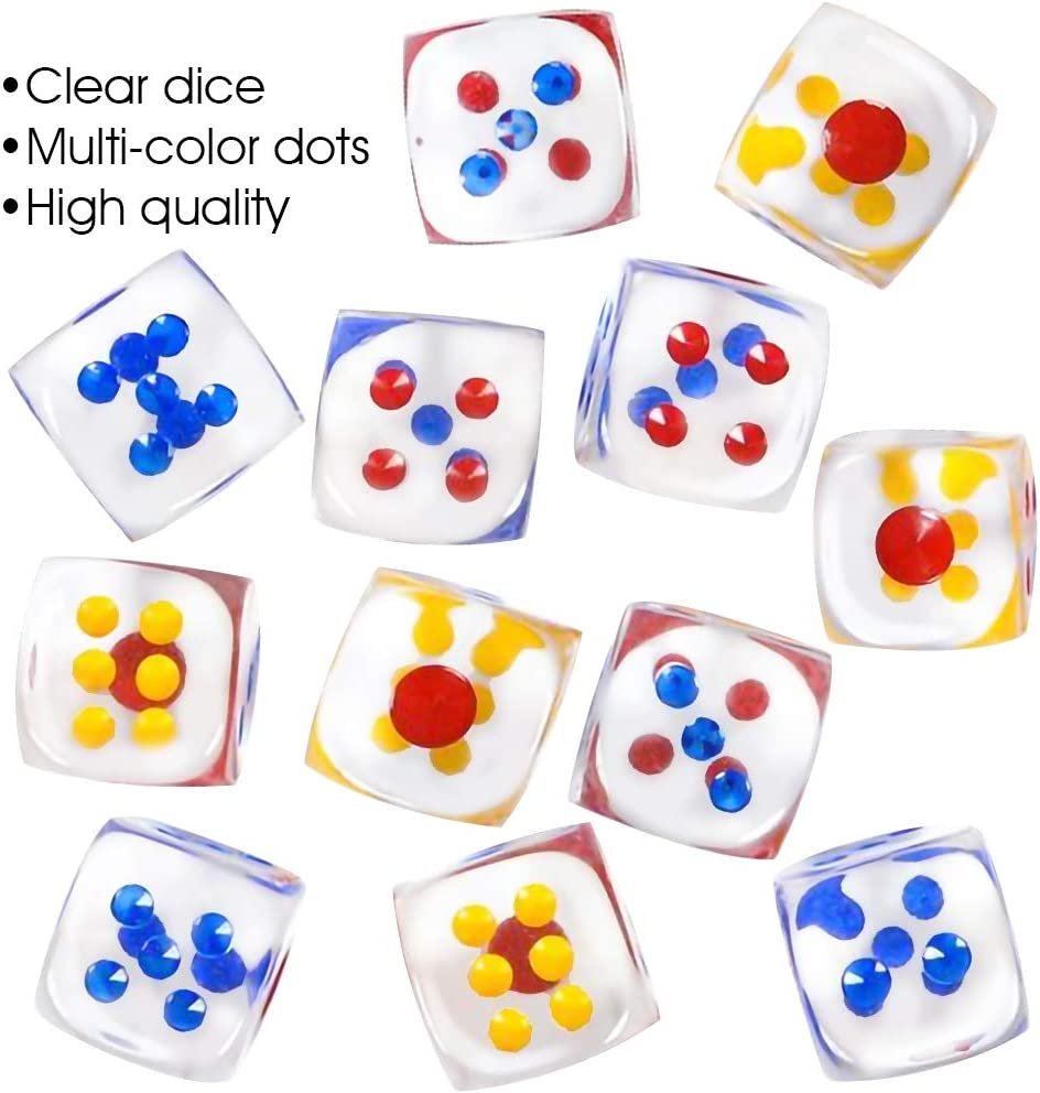 6-Sided Transparent Dice Set of 12, Oversized 1" Clear Dice with Colored Dots, Fun Six-Sided Gaming Dice for Farkle, Ten Thousand, Cho-Han and Other Dice Games