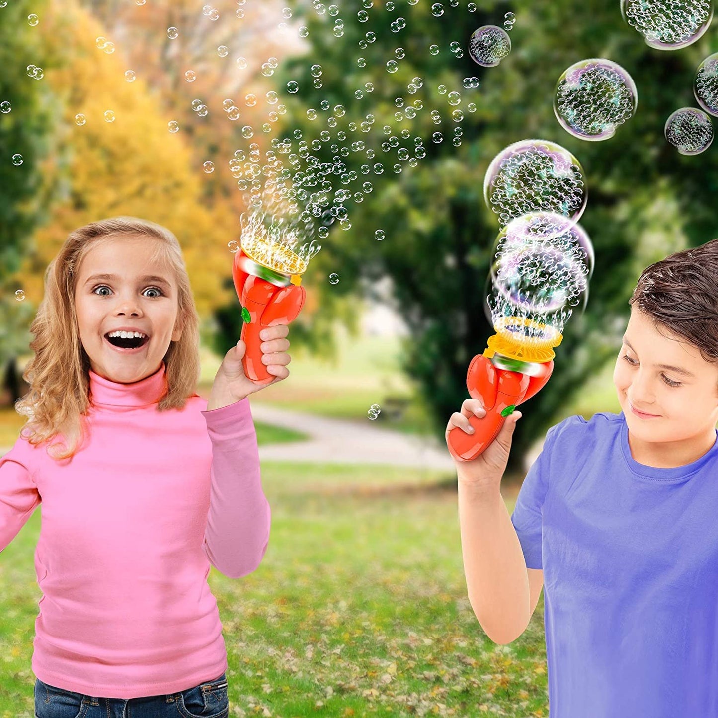 ArtCreativity Double Bubble Blower Fan - Battery-Operated Bubbles Blaster - 4 oz Solution and Dipping Tray Included - Fun Bubble Shooter for Boys and Girls, Great Outdoor Summer Game - Orange