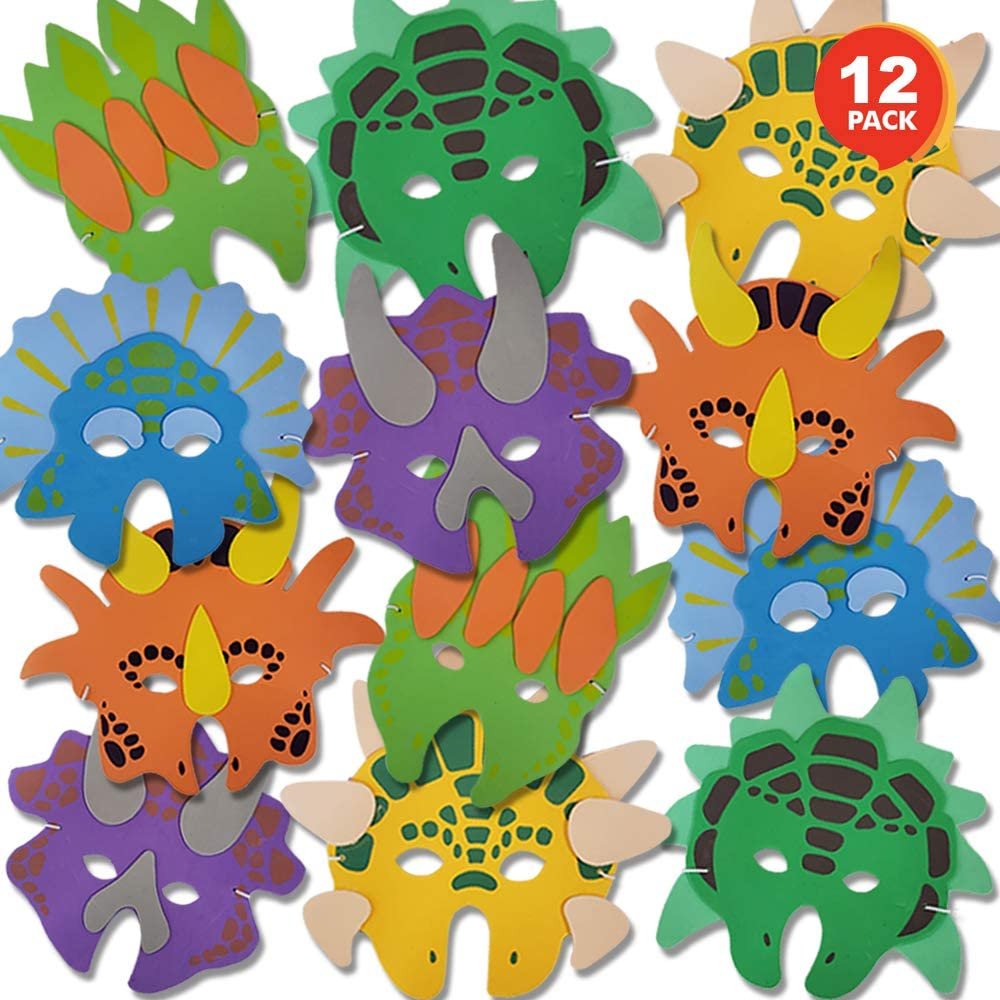 Foam Dinosaur Masks for Kids - Pack of 12 - Assorted Vibrant Dino Designs - Dinosaur Birthday Party Supplies and Favors, Teacher Rewards and Classroom Incentives