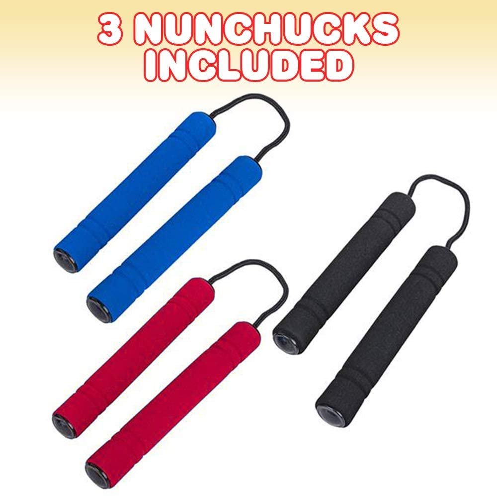 Foam Toy Nunchucks for Pretend Play in Assorted Colors for Kids, Set of 3, Fun Ninja Practice Toys with Soft Handles, Ninja Costume Props and Party Favors for Boys and Girls
