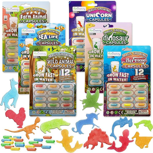 ArtCreativity Magic Growing Animal Capsules, 6 Theme Packs with 12 Capsules Each - Unicorn, Mermaid, Dinosaur, Sea Life Animal, Wild Animal, Farm Animal- Magic Grow Water Toys Party Favor Set for Kids