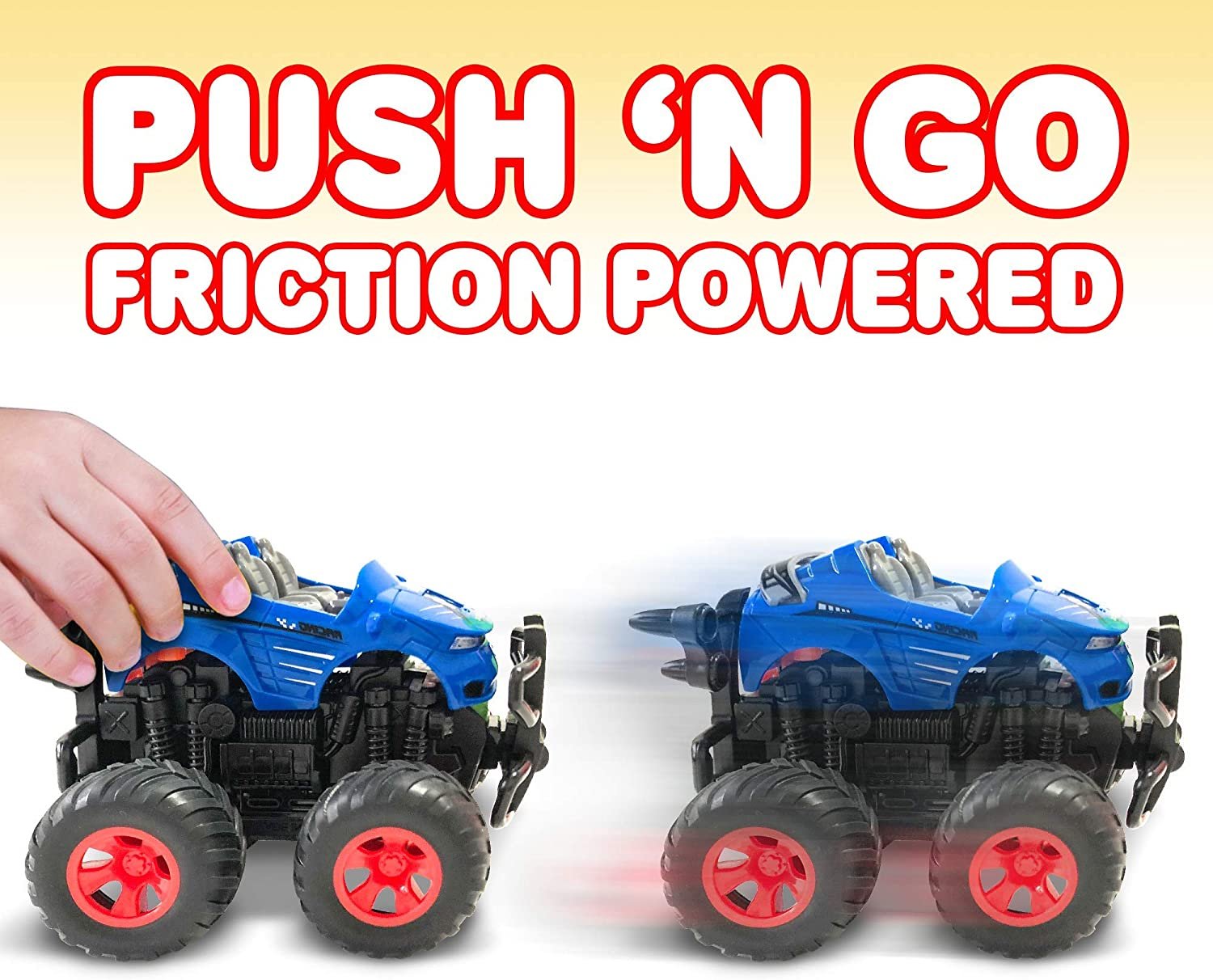 Blue Monster Car for Boys and Girls, Friction Powered Push n Go Monster Toy Car for Kids, Cool and Realistic Design with Big Wheels, Best Birthday Gift for Children Ages 3+