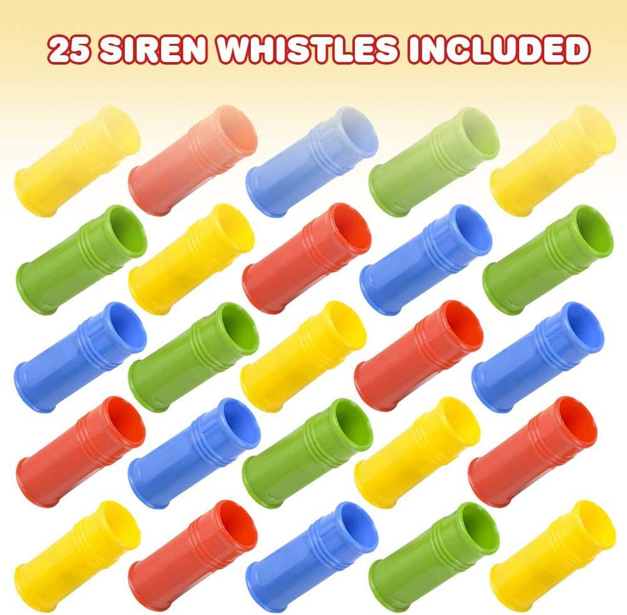 Siren Whistles for Kids - Pack of 25, Durable Plastic Siren Noise Maker Party Whistles, Bright Assorted Colors, Birthday Party Favors, Goodie Bag Fillers, Treasure Box Prizes