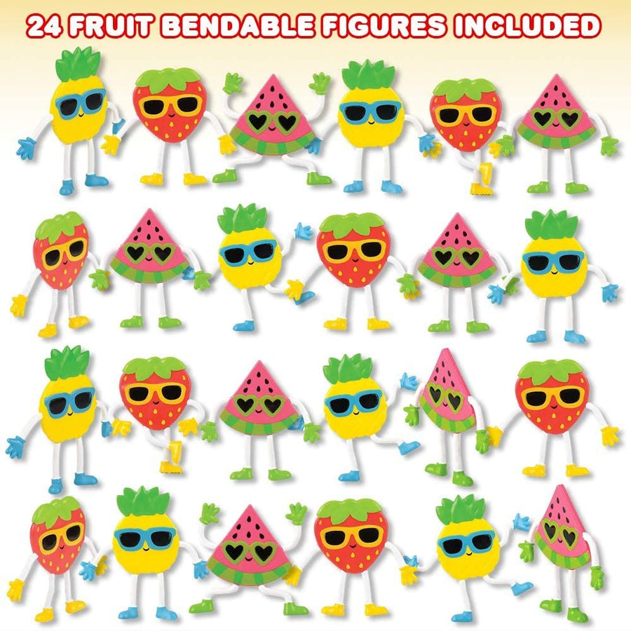 Cool Fruit Bendable Figures, Set of 24 Novelty Fruit Shaped Bendy Figurines, Stress Relief Fidget Toys, Birthday Party Favors, Goodie Bag Stuffers, Piñata Fillers for Kids