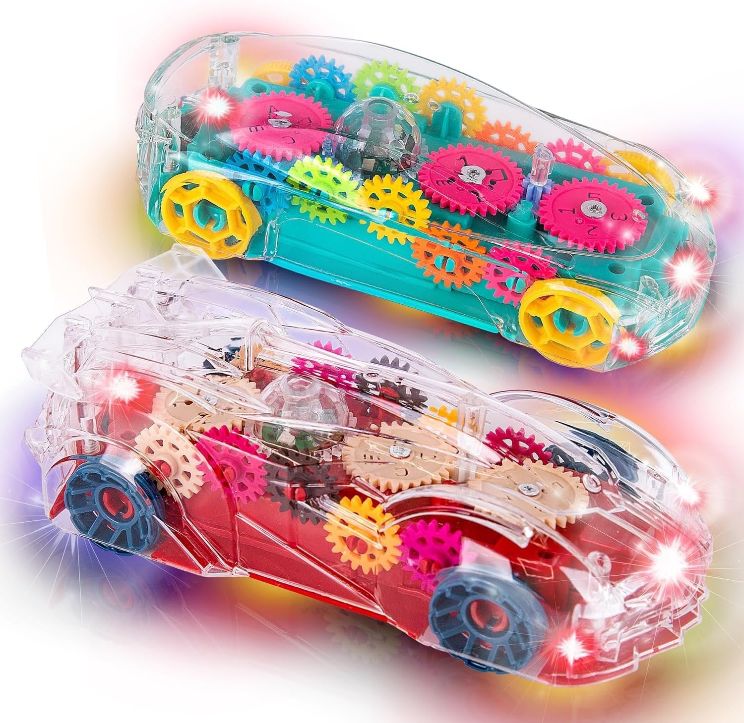 Light Up Transparent Toy Cars for Kids, Set of 2, Bump and Go Toy Cars with Colorful Moving Gears, Music, and LED Effects, Fun Educational Toy for Kids, Great Birthday Gift Idea