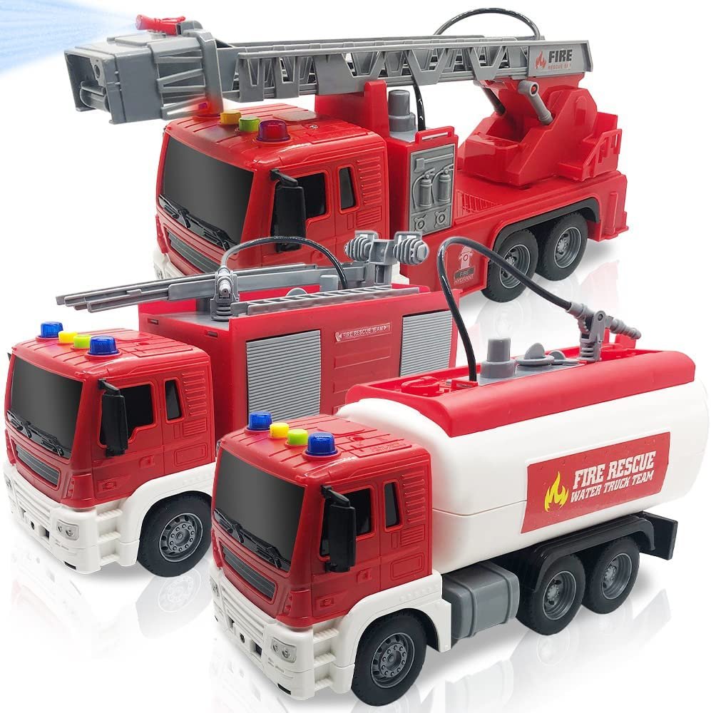 Light Up Fire Trucks for Kids, Set of 3, Includes Ladder Truck, Tanker Truck, & Engine Truck, Fire Trucks with Real Water Spraying, LEDs, & Sound, Push n Go Fire Trucks for Boys & Girls