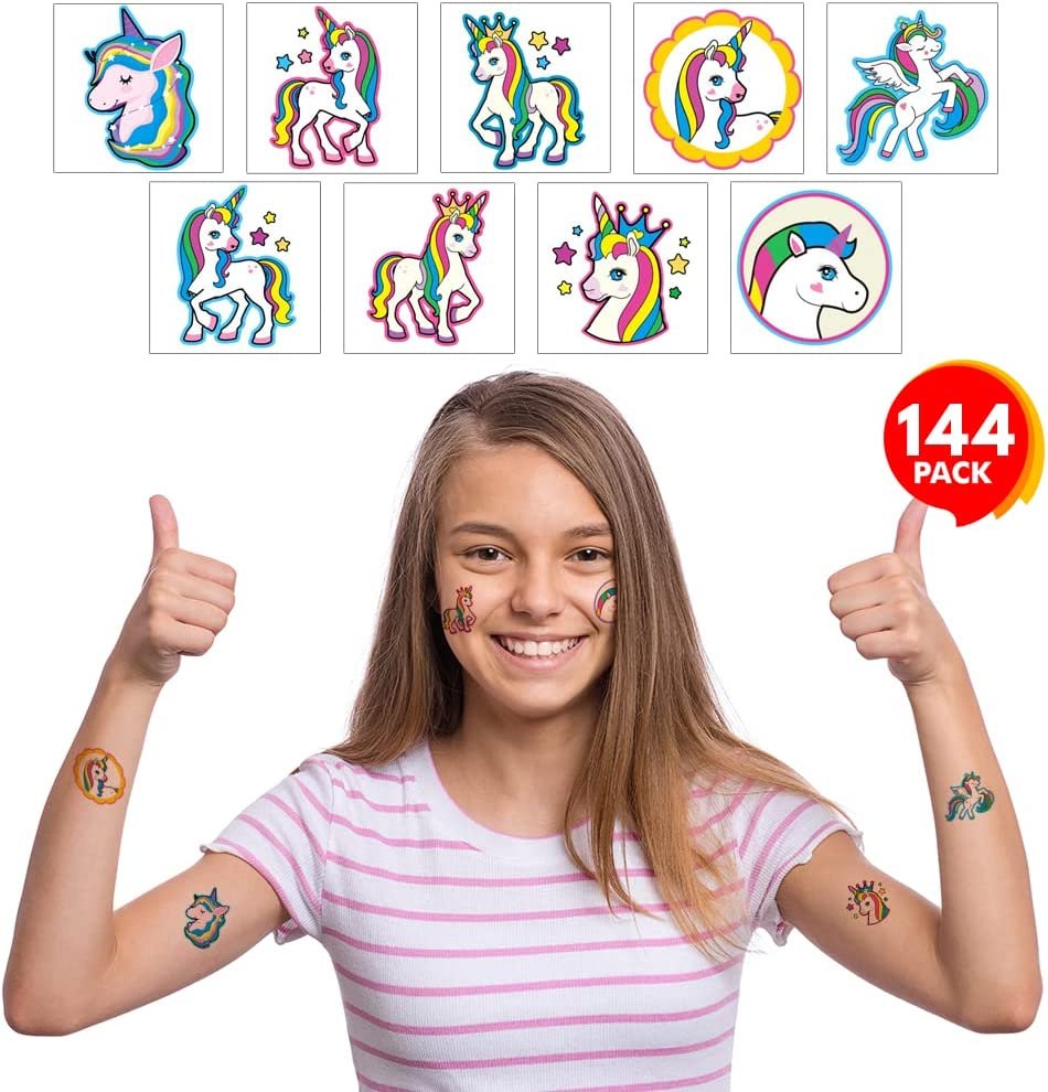 Unicorn Temporary Tattoos for Kids, Assorted Non-Toxic 2" Tats - Bulk Pack of 144