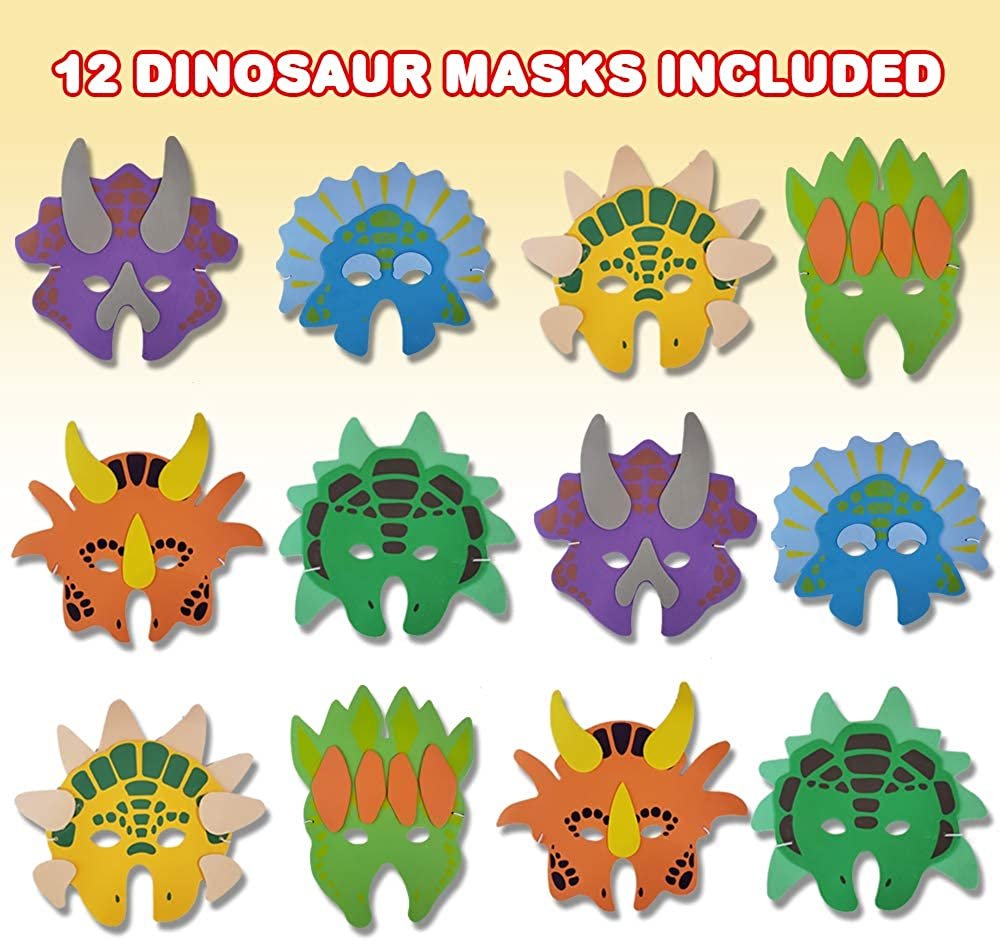 Foam Dinosaur Masks for Kids - Pack of 12 - Assorted Vibrant Dino Designs - Dinosaur Birthday Party Supplies and Favors, Teacher Rewards and Classroom Incentives