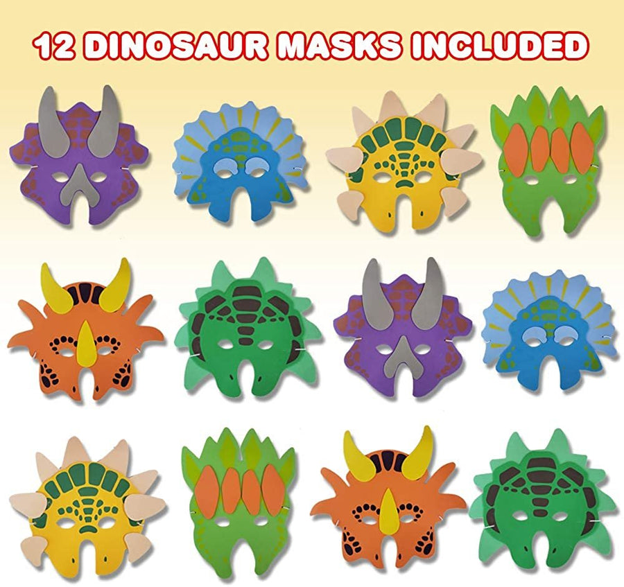 Foam Dinosaur Masks for Kids - Pack of 12 - Assorted Vibrant Dino Designs - Dinosaur Birthday Party Supplies and Favors, Teacher Rewards and Classroom Incentives