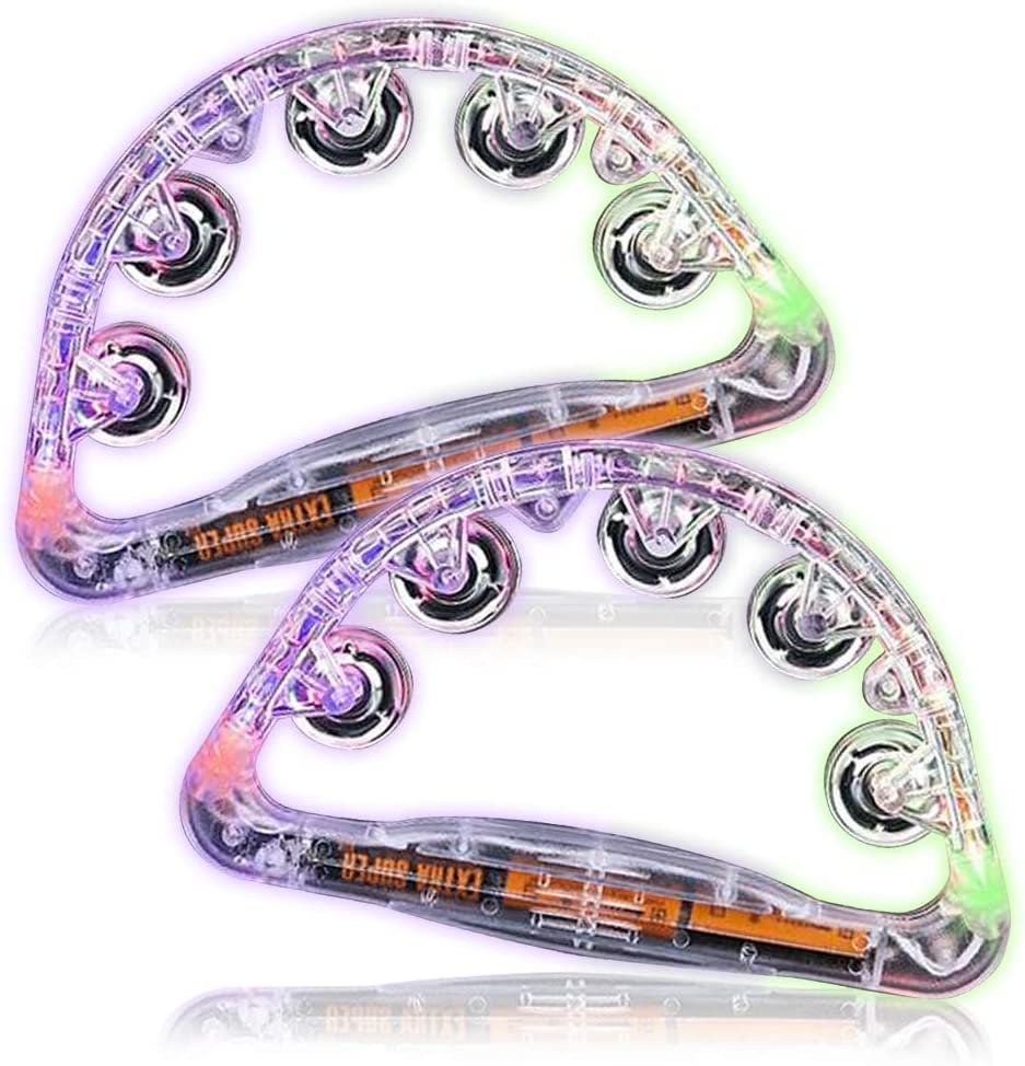 Flashing Tambourines for Kids, Set of 2, LED Noisemakers for Sporting Events, Wedding, Birthday Party, and Rave, Fun Music Toys for Children with Batteries Included