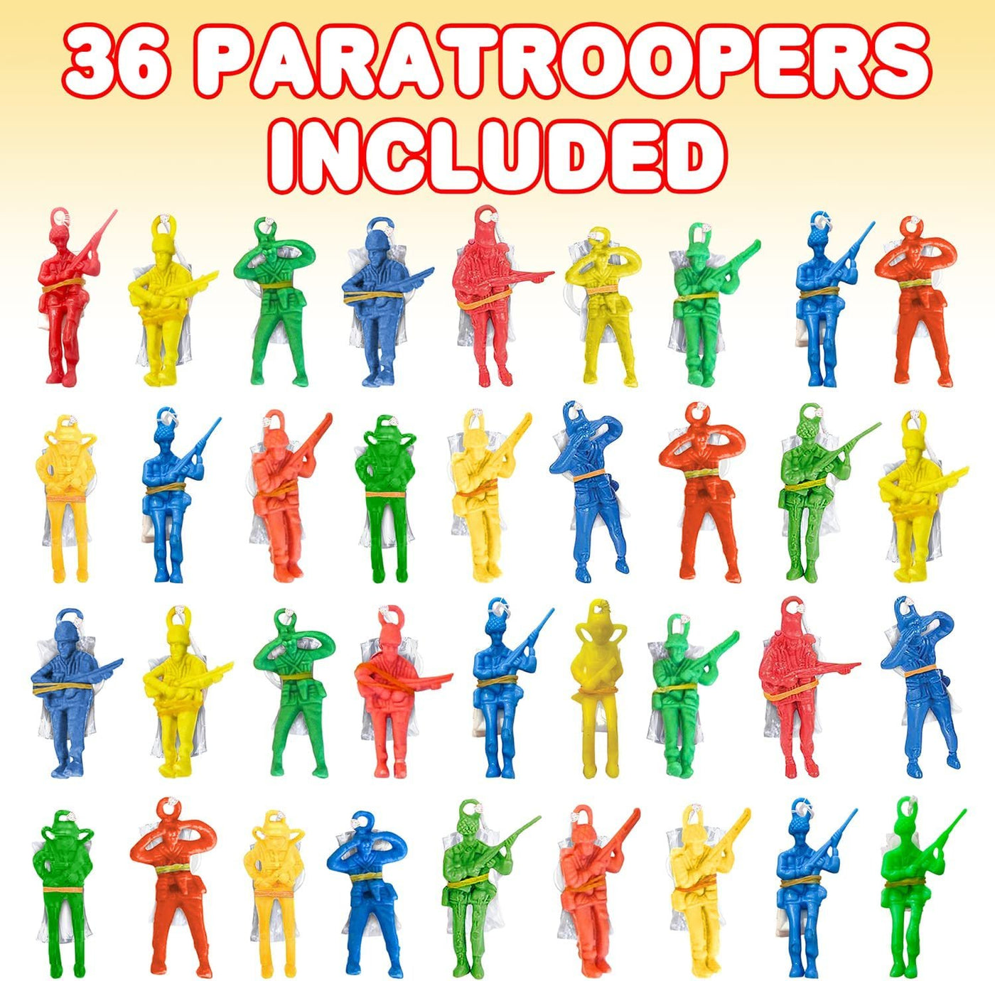 Mini Paratroopers with Parachutes, Bulk Pack of 36, Vinyl Parachute Men Toy in Assorted Colors, Durable Plastic Army Guys Playset, Fun Parachute Party Favors, for Boys and Girls