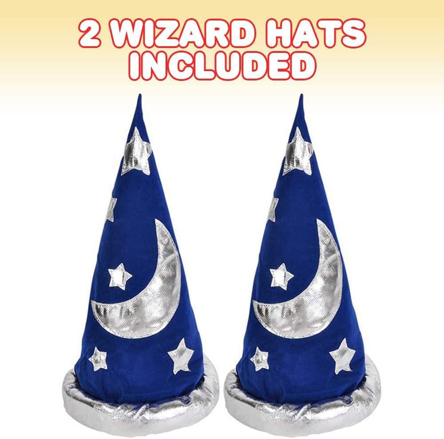 ArtCreativity Wizard Hat for Kids, Set of 2, Velour Pointed Hat for Merlin, Gandalf, Dumbledore Halloween Costume, 17 Inch Navy Hat with Silver Moon and Stars, Game Prize for Boys and Girls