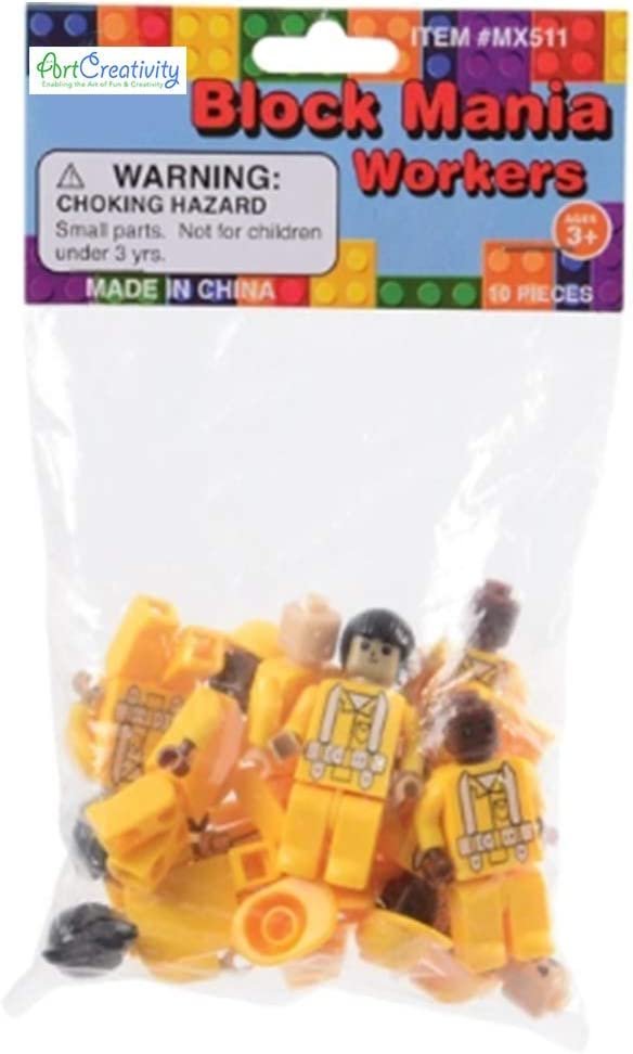 Building Block Workers, Set of 10, Mini Plastic People with Interchangeable Accessories, Construction Birthday Party Favors and Supplies, Unique Cake Toppers and Goodie Bag Fillers