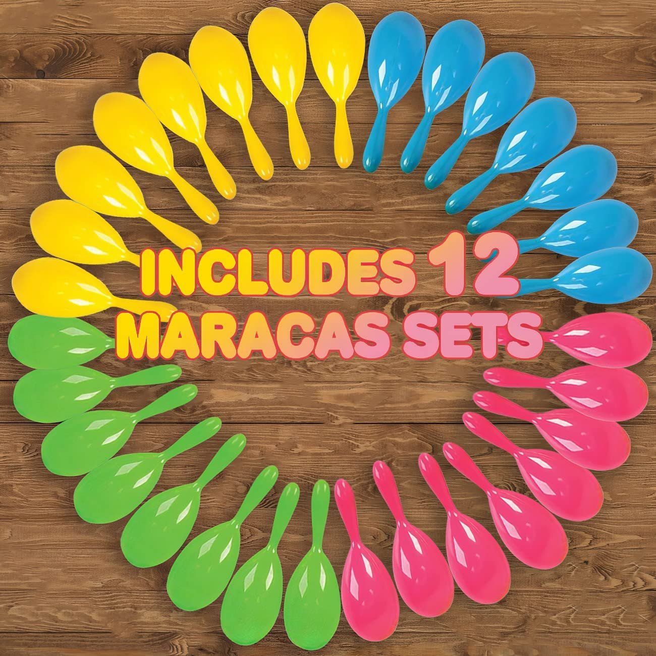 4" Plastic Maracas for Kids - 12 Pairs - Neon Music Hand Shakers - Fun Noise Makers and Toy Musical Instruments - Birthday Party Favors, Fiesta Decorations, Goodie Bag Fillers