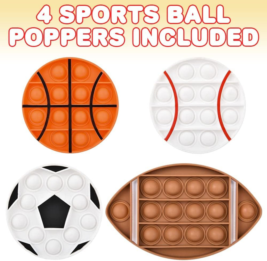 Sports Ball Poppers, Set of 4, Pop It Sensory Fidget Toys with Baseball, Football, Basketball and Soccer Designs, Stress Relief Toys for Boys & Girls, Silicone Push Pop Toys for Kids