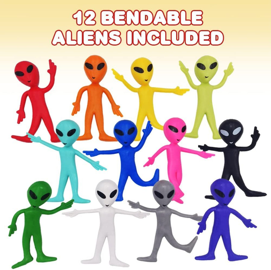 Bendable Alien Figures, Set of 12, Bendable Alien Toys for Kids, Alien Party Favors for Boys and Girls, Stress Relief Fidget Toys for Kids, Goodie Bag Stuffers, and Pinata Fillers