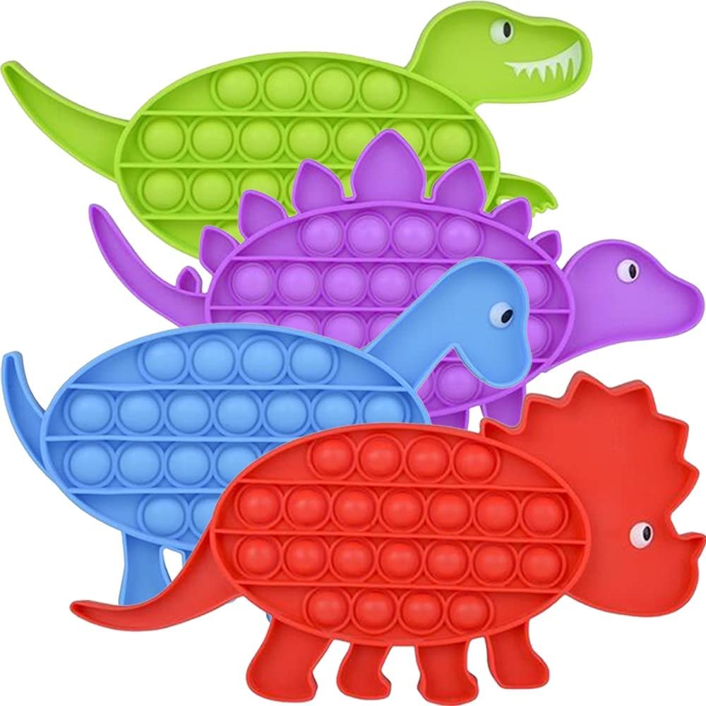 Dinosaur Bubble Poppers, Set of 4, Pop It Sensory Fidget Toys, Stress Relief Toys for Boys and Girls, Cool Dinosaur Toys for Kids, Dinosaur Party Favors and Goodie Bag Fillers
