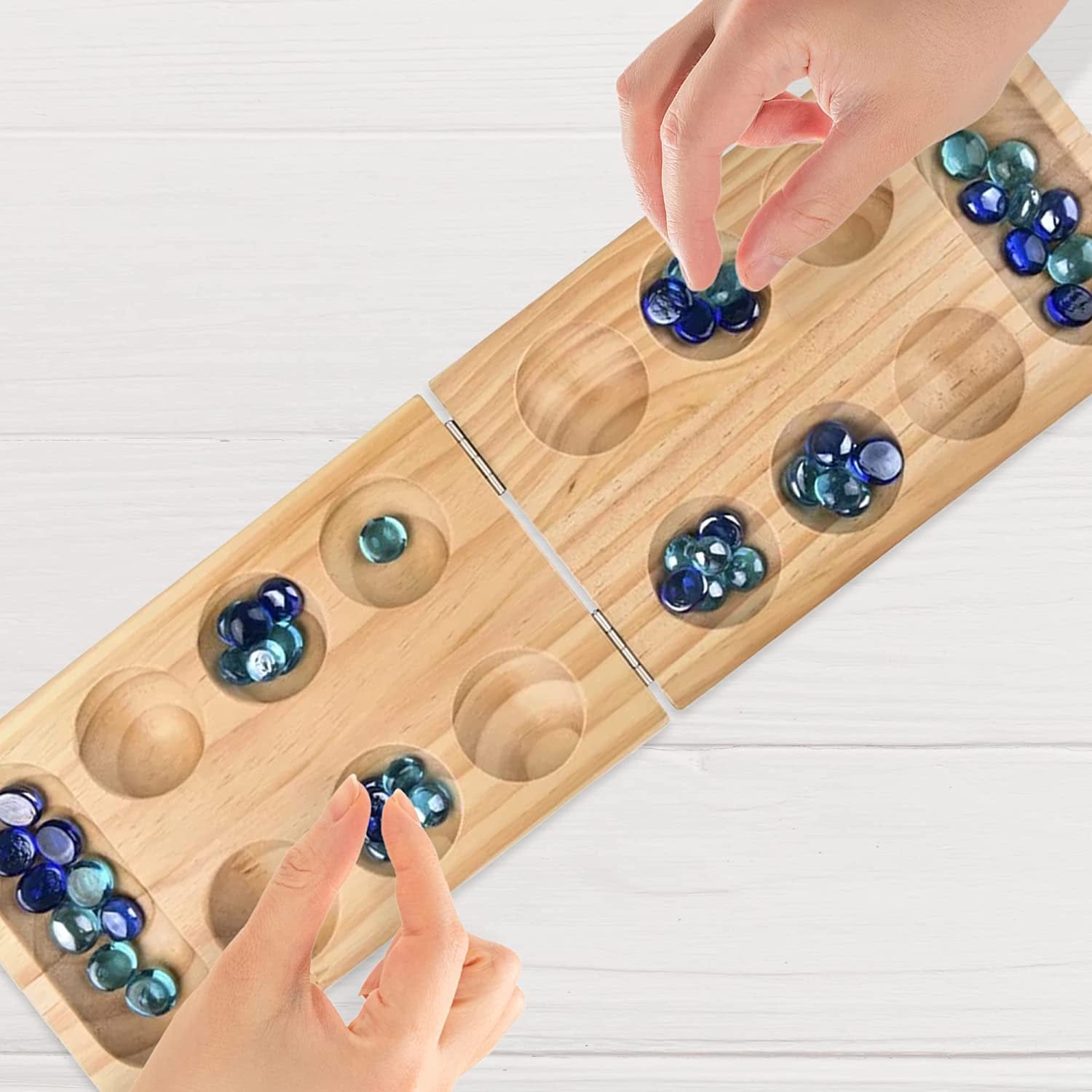 Gamie Wooden Mancala Board Game Set - Foldable Mancala with 48 Color Stones - Classic 2 Player Games for Adults and Kids with Instructions - Travel Board Games for Road Trips or Long Flights