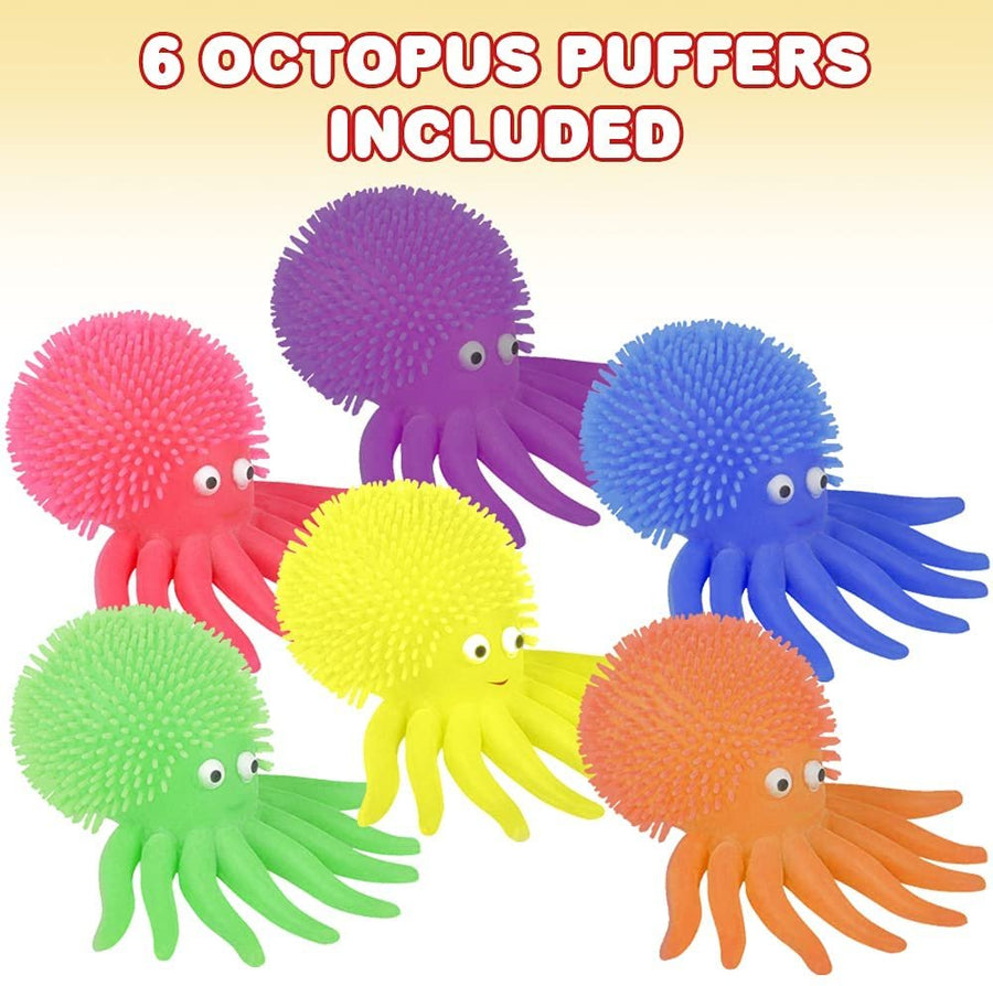 Puffer Octopus, Set of 6, Fidget Toys for Kids with Soft Rubbery Spikes, Stress Relief Toys in Assorted Colors, Party Favors, Goodie Bag Fillers for Boys and Girls
