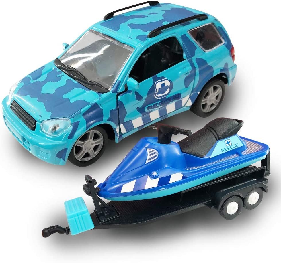 SUV Toy Car and Jet Ski Playset for Boys and Girls, Interactive Ocean Rescue Play Set with Detachable Jet Ski and Opening Doors on 4 x 4 Toy Truck, Best Birthday Gift for Kids