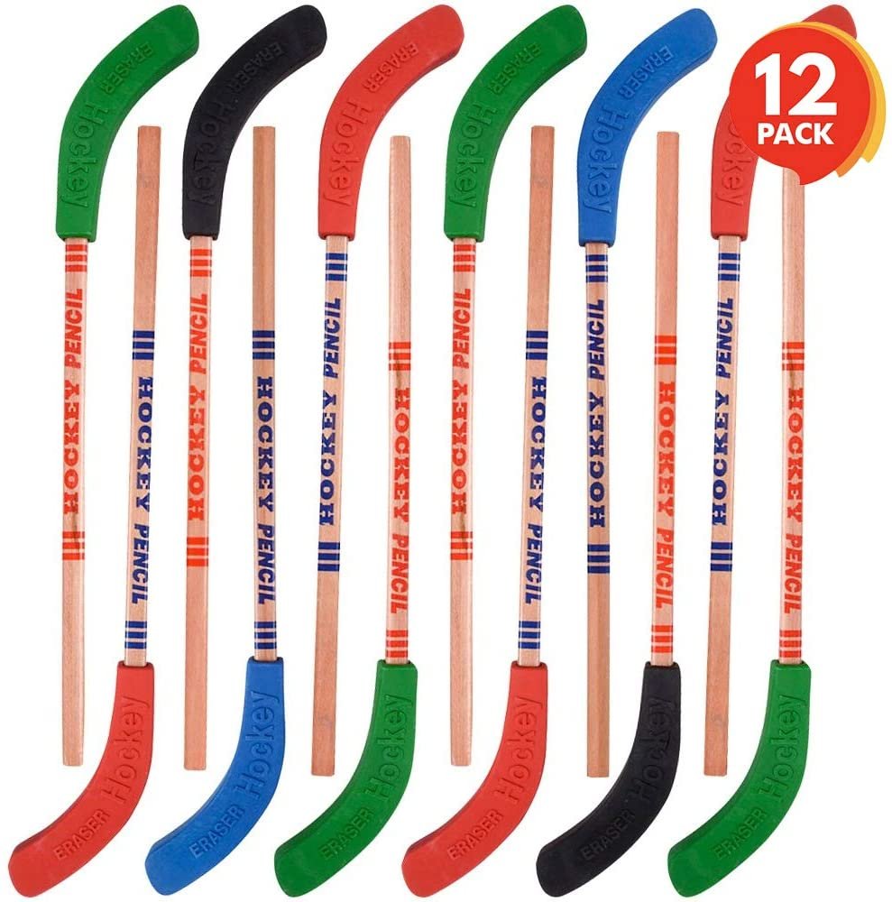 Hockey Pencils for Kids and Adults - Set of 12 - Includes 9" Pencils with Eraser Topper - Unique School Stationary Supplies - Birthday Party Favor for Boys and Girls, Classroom Prize