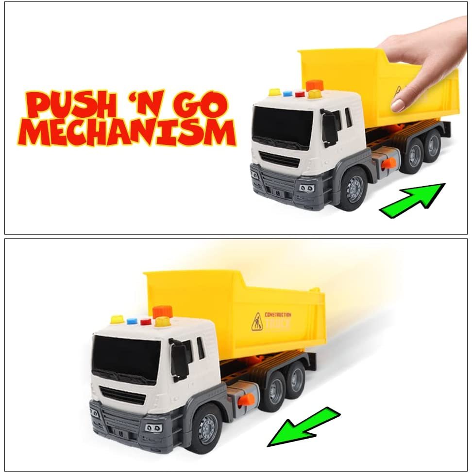 Light Up Dump Truck Toy, Kids’ Construction Toy with Movable Parts, LEDs, and Sound Effects, Push and Go Construction Vehicle Toys for Kids, Dump Truck Toys for Boys and Girls