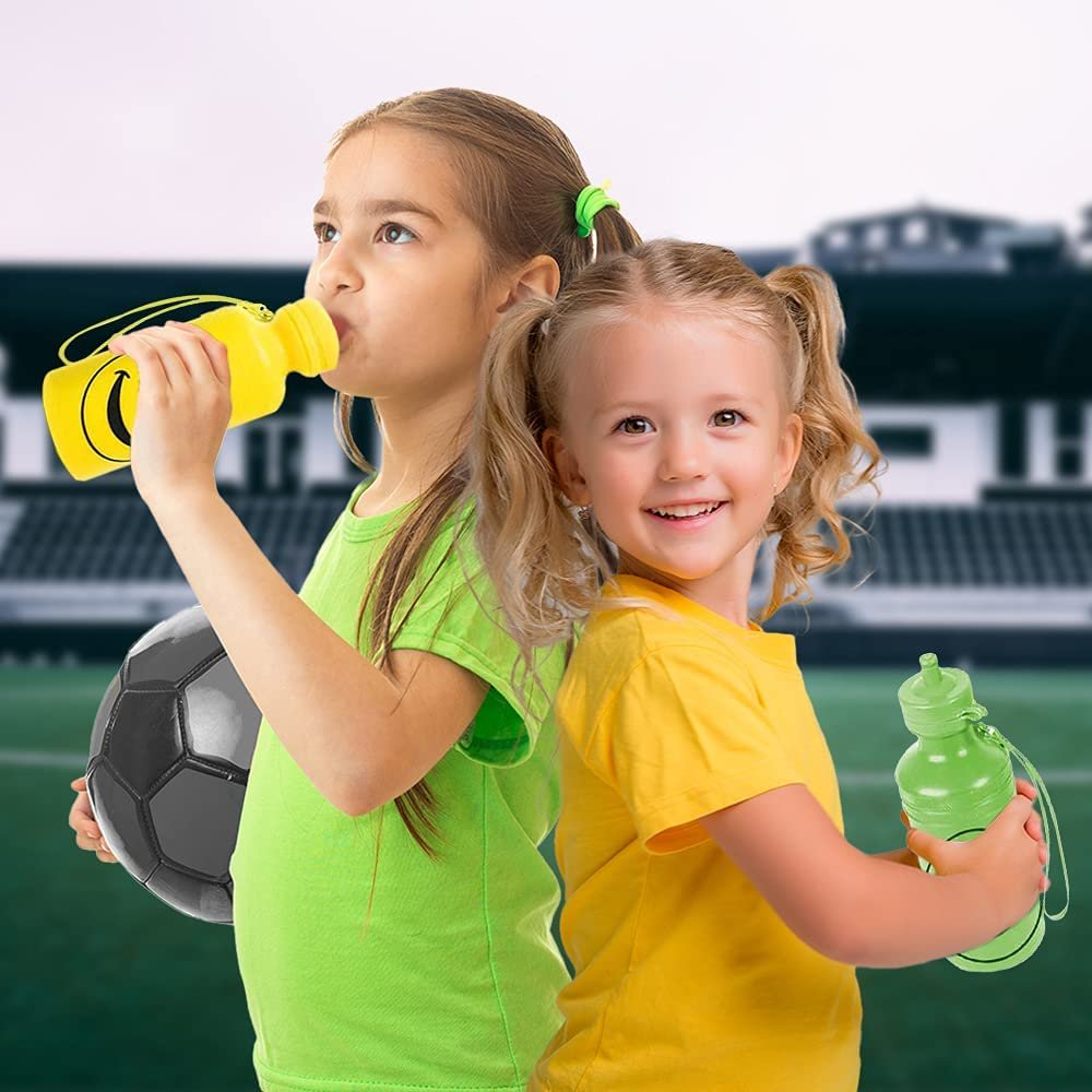 Smile Face Sports Bottles, Set of 4, Plastic Kids’ Water Bottles with Spill Proof Cover, 18oz Reusable Sport Bottles for Boys & Girls, School & Sports , 4 Colors