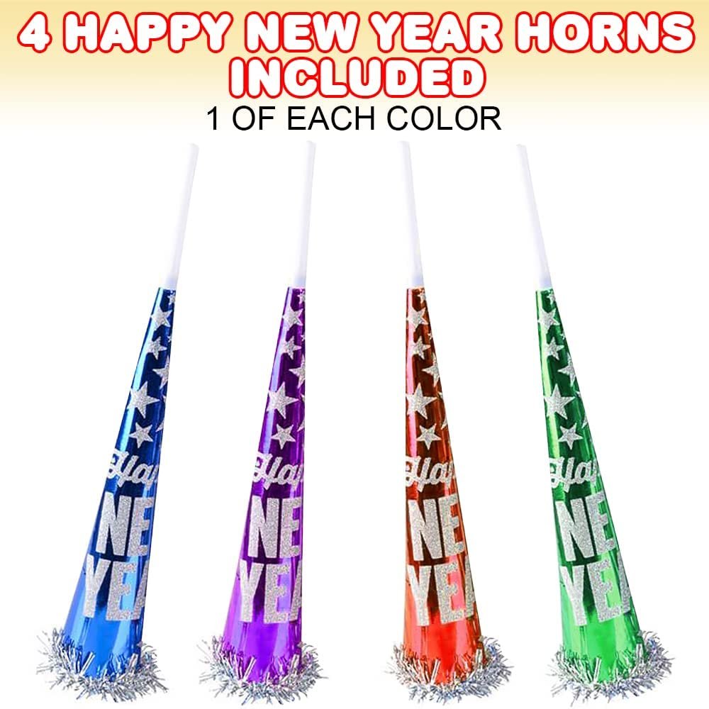 Happy New Year Horns, Set of 4, New Years Noisemaker Toys for Kids and Adults in Assorted Colors, New Years Eve Party Supplies, Festive Party Favors and Unique Decorations