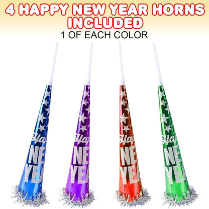 ArtCreativity Happy New Year Horns, Set of 4, New Years Noisemaker Toys for Kids and Adults in Assorted Colors, New Years Eve Party Supplies, Festive Party Favors and Unique Decorations