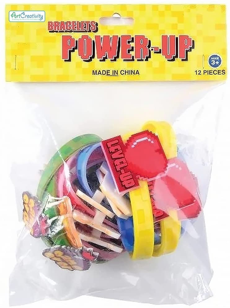 Power Up Rubber Bracelets for Kids, Set of 12, Colorful Stretchy Rubber Wristbands with Classic Video Game Icons, Fun Birthday Party Favors, Goodie Bag Fillers, Carnival Prize