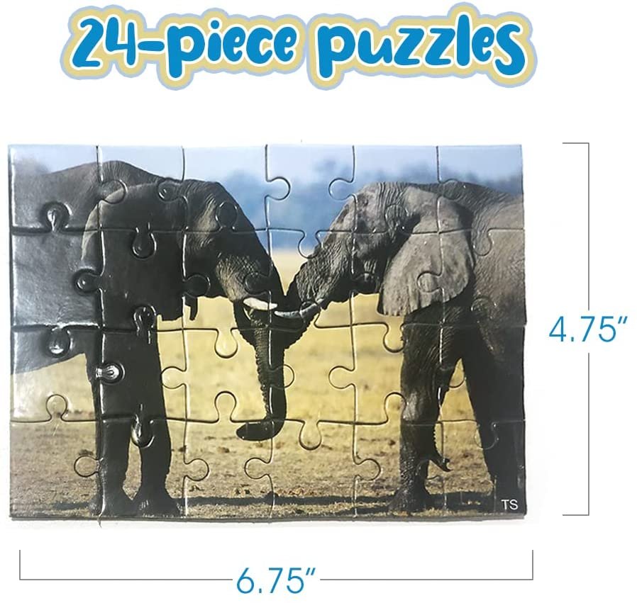 Wild Animal Jigsaw Puzzles, Set of 12, Brain Teaser Puzzles for Kids with 24 Pieces Each, Zoo Party Favors and Safari Party Supplies, Classroom Treasure Box Prizes for Girls and Boys