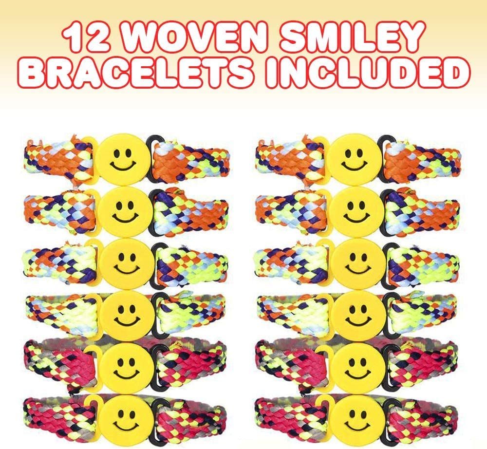 Woven Smile Face Bracelets - Pack of 12 - Novelty Bracelets with Plastic Buckle Strap - Fashionable Party Favor, Carnival Prize, Party Bag Stuffers, Great Gift for Boys and Girls