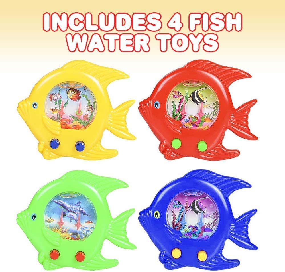 Fish Water Toy, Set of 4, Handheld Water Games for Kids, Goody Bag Fillers, Birthday Party Favors for Children, Road Trip Travel Toys for Boys and Girls