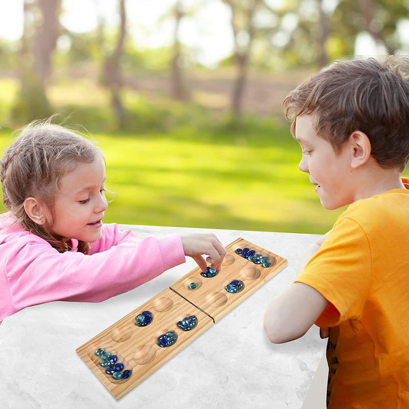 Gamie Wooden Mancala Board Game Set - Foldable Mancala with 48 Color Stones - Classic 2 Player Games for Adults and Kids with Instructions - Travel Board Games for Road Trips or Long Flights