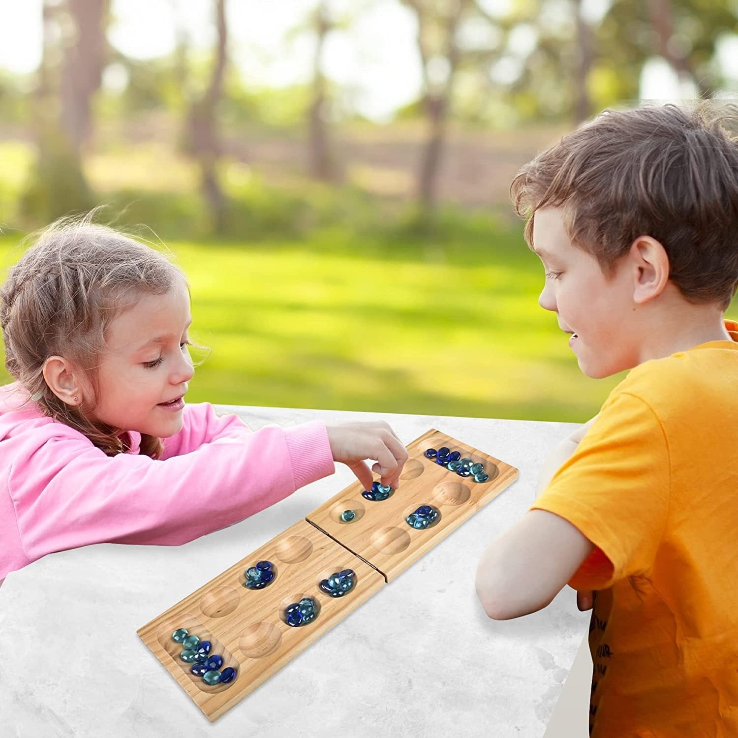 Gamie Wooden Mancala Board Game Set - Foldable Mancala with 48 Color Stones - Classic 2 Player Games for Adults and Kids with Instructions - Travel Board Games for Road Trips or Long Flights