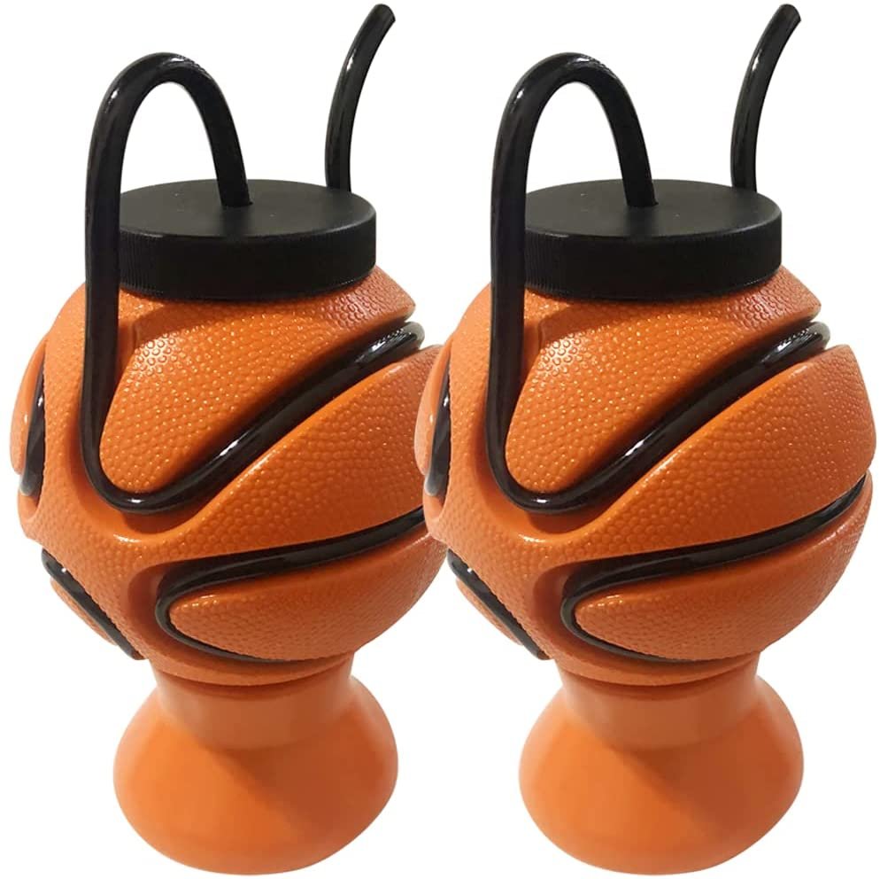 Basketball Water Bottles with Straws, Set of 2, Basketball Sports Water Bottle for Kids with Wrap-Around Straws, Basketball Party Favors and Gifts, Unique Basketball Party Decorations