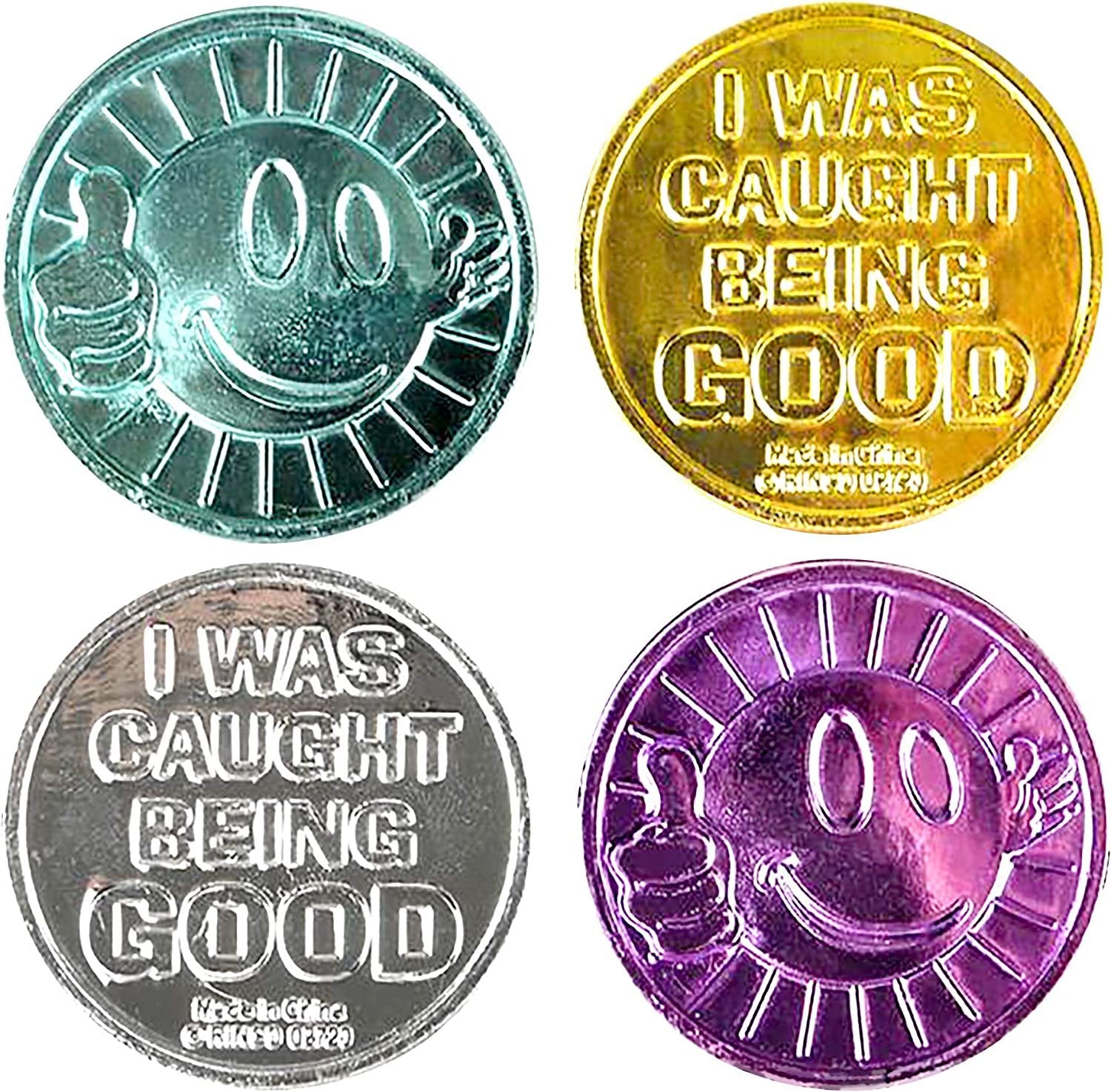 Colorful Coin Collection - Pack of 144 – ‘I was Caught Being Good’ Coins, Tokens for Kids Behavior - Smile Face Fake Money Coins, Ideal School Reward and Prize from Mom to Kids Ages 3+