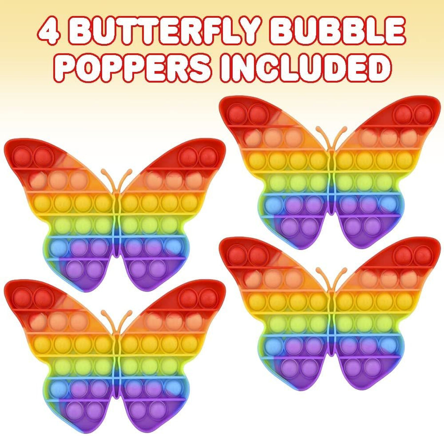 Rainbow Butterfly Bubble Poppers, Set of 4, Pop It Sensory Fidget Toys, Stress Relief Toys for Boys & Girls, Silicone Push Pop Toys for Kids, Birthday Party Favors & Goodie Bag Fillers