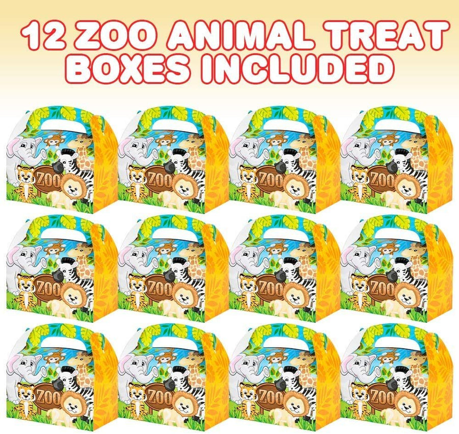 Zoo Animal Treat Boxes for Candy, Cookies and Party Favors - Pack of 12 Cookie Boxes, Cute Cardboard Boxes with Handles for Jungle Themed Birthday Party Favors, Holiday Goodies