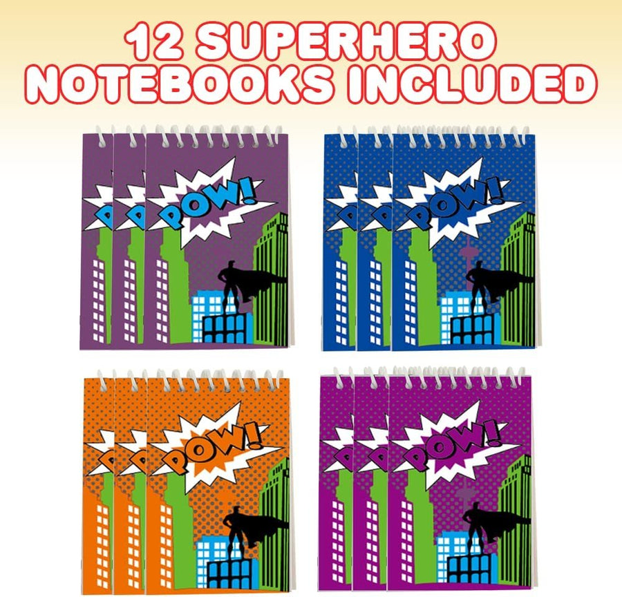 Mini Superhero Notebooks, Pack of 12, Small Comic Inspired Spiral Notepads, Cute Stationery Supplies for School and Office, Fun Birthday Party Favors, Goodie Bag Fillers for Kids