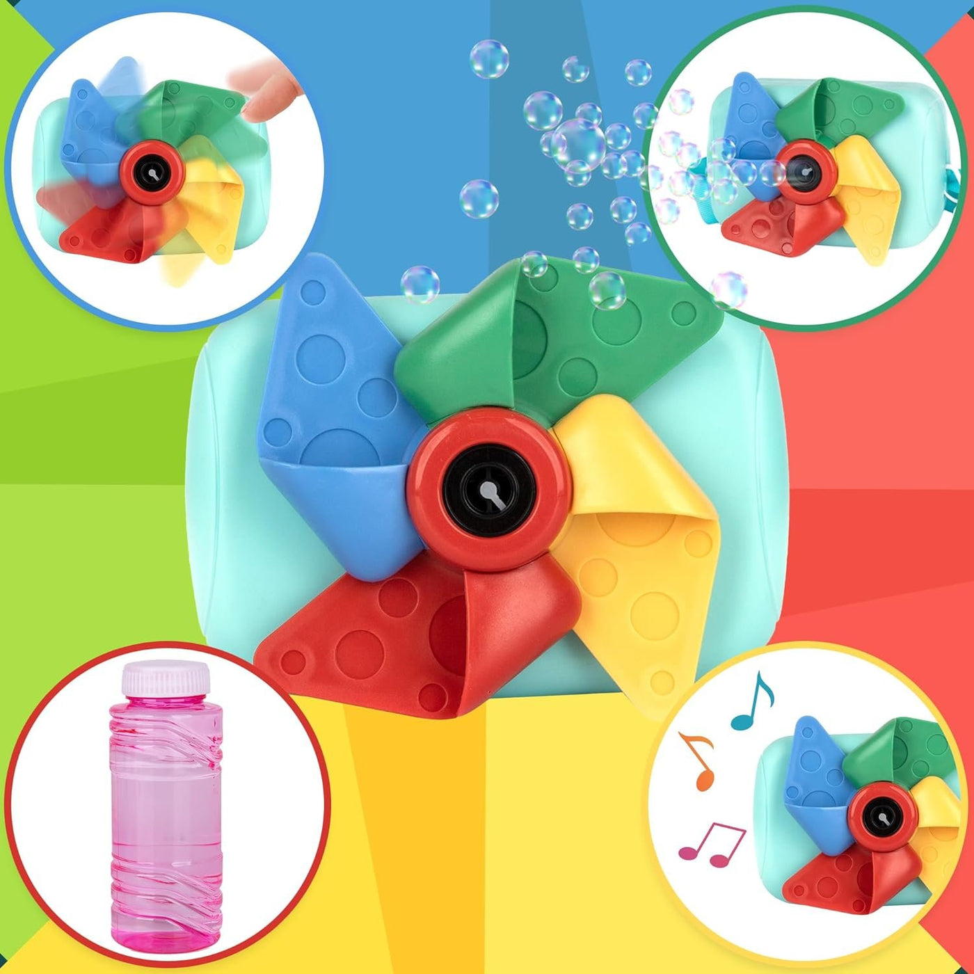 Pinwheel Camera Bubble Machine for Kids - Camera Shaped Bubble Toy with Neck Strap and Solution - Small Bubble Machine for Kids with Sounds, Music, and Lights for Extra Fun