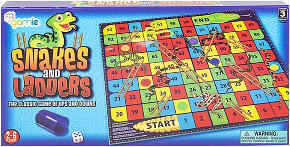 Gamie Snakes and Ladders Board Game for Kids, Complete Set with Board, 6 Pegs, and Dice, Classic Fun for Family Game Night and Classroom, Best Birthday Gift Idea for Boys and Girls