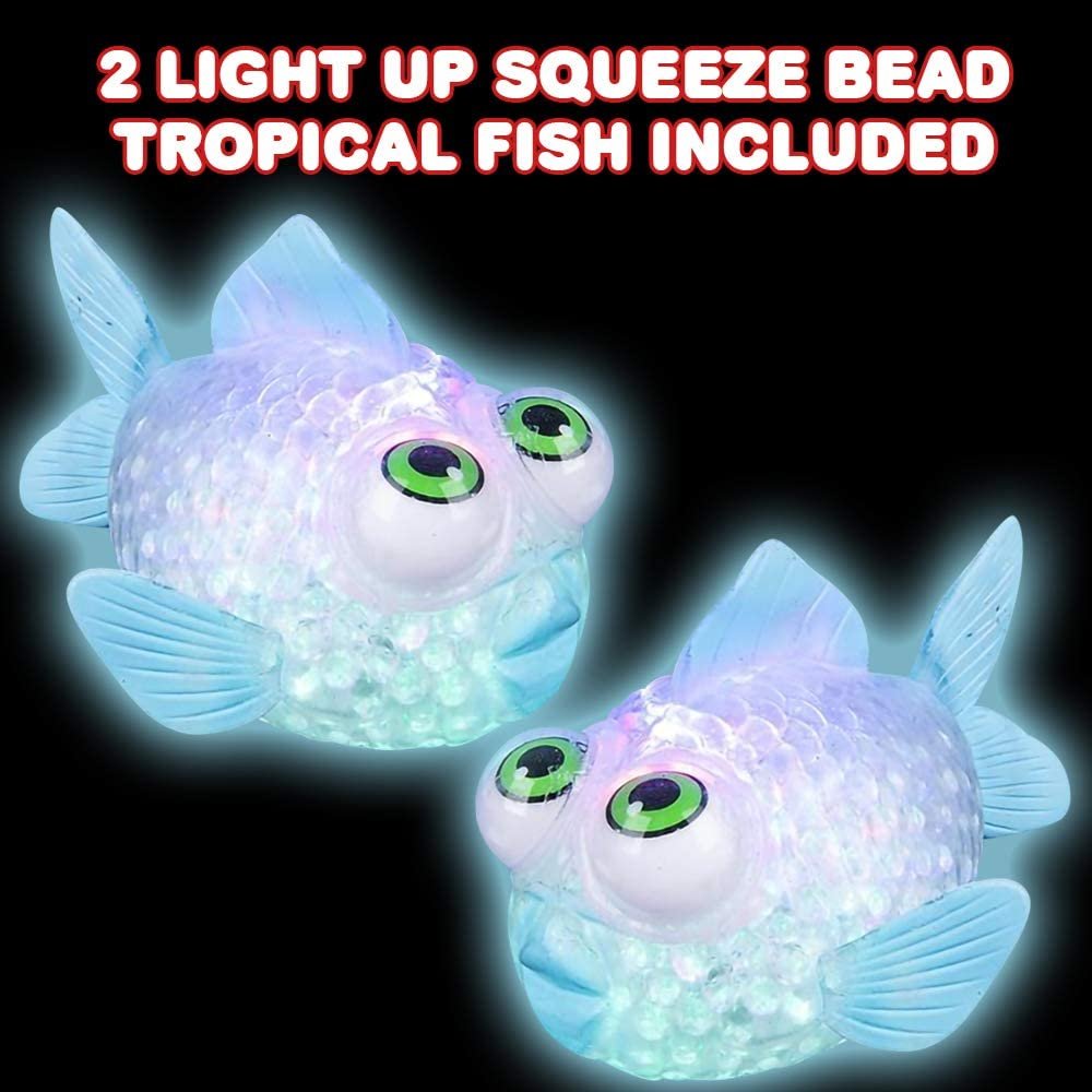 Light Up Squeezy Bead Tropical Fish, Set of 2, Flashing Squeezing Stress Relief Toys Filled with Water Beads, Calming Sensory Toys for Autism, ADHD, Fun Underwater Party Favors for Kids