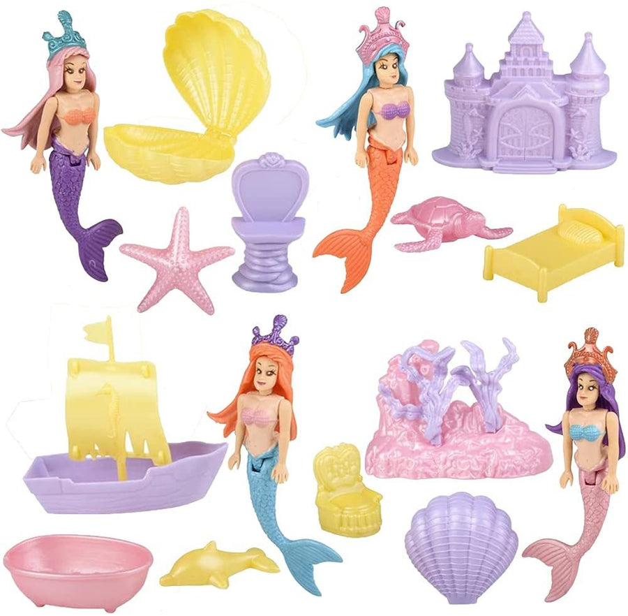Princess Mermaid Doll Playset, Set of 3, Mermaid Toys for Girls and Boys with Doll, Castle, Shells, Mirror, Throne, and More, Princess Party Favors, Pretend Play Toys for Kids