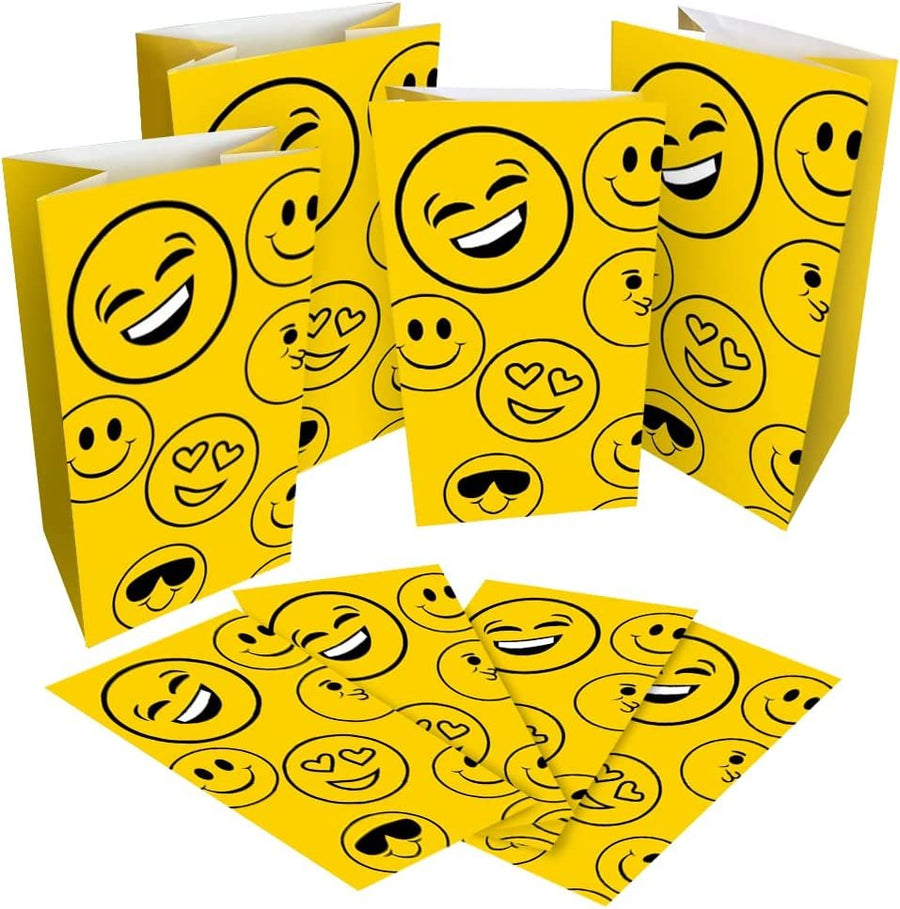 Emoticon Party Favor Bags, Pack of 12, Emoticon Themed Goodie Gift Paper Bags, Durable Treat Bags, Emoticon Party Supplies and Favors for Birthday, Baby Shower, Holiday Goodies