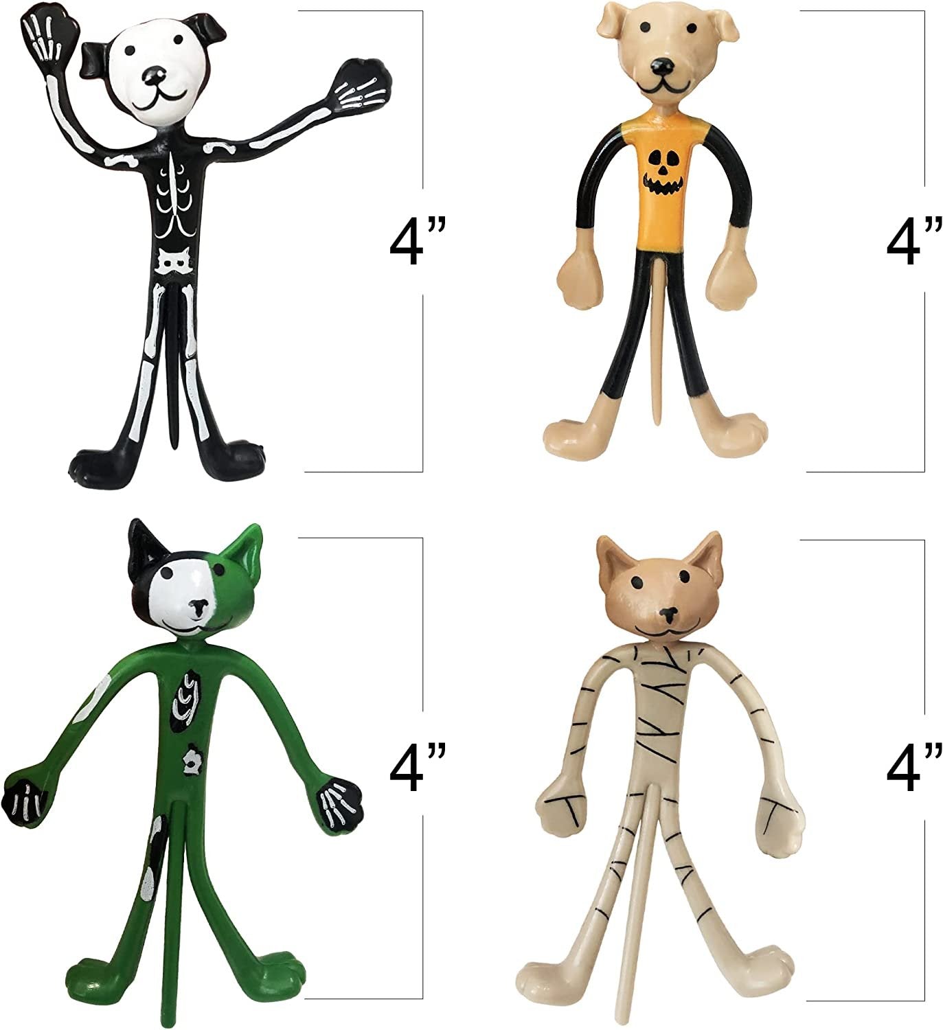 Halloween Bendable Figures, Set of 12, 3D Halloween Themed Dogs and Cats in 4 Different Designs, Stress Relief Toys for Boys and Girls, and Non-Candy Trick or Treat Supplies