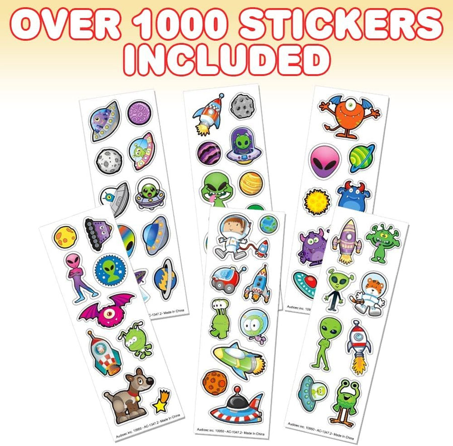 Alien Stickers Assortment, 100 Sticker Sheets with Over 1000 Space Stickers for Kids, Unique Arts and Crafts Supplies, Outer Space Birthday Party Favors, Galaxy Goodie Bag Fillers