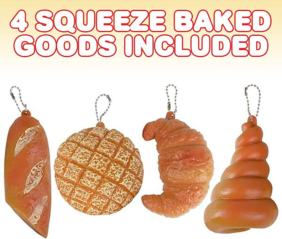 Squeeze Pastry Toys, Set of 4, Stress Relief Toys for Kids and Adults with Hanging Chains, Super Squeezy Stress Toys, Keychain Accessories and Party Favors for Boys and Girls